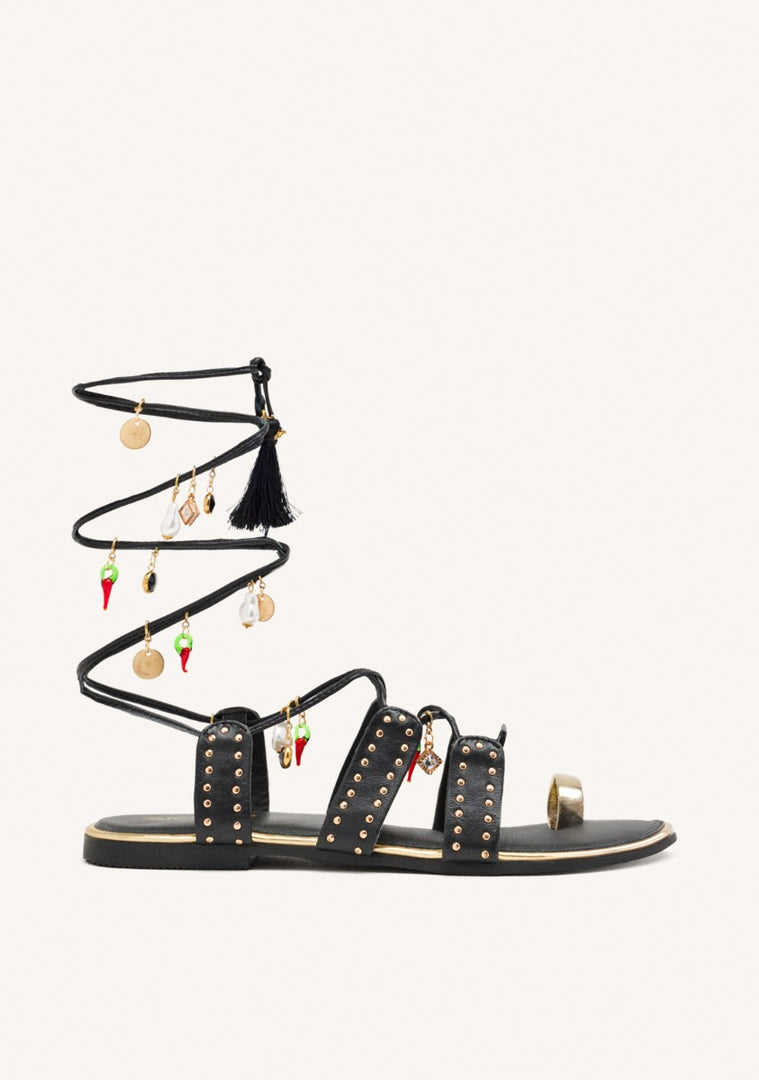 LEATHER SANDALS WITH BEADS AND STUDS IONE