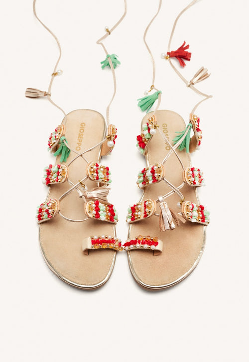LEATHER SANDALS WITH FRINGES AND BEADS NUBO
