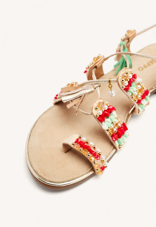 LEATHER SANDALS WITH FRINGES AND BEADS NUBO