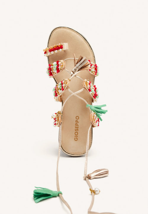 LEATHER SANDALS WITH FRINGES AND BEADS NUBO