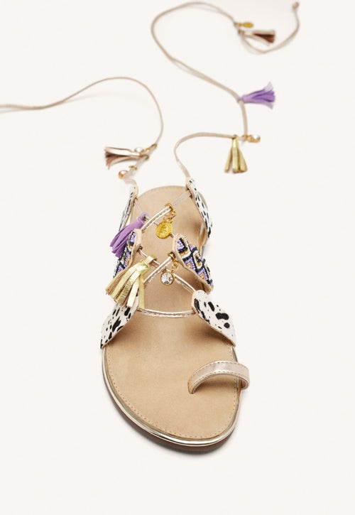 LEATHER SANDALS WITH BEADS AND FRINGES MONTELLO