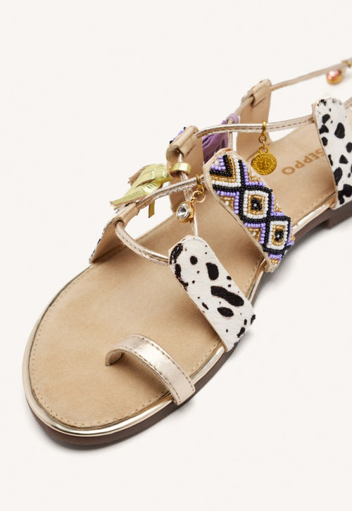 LEATHER SANDALS WITH BEADS AND FRINGES MONTELLO