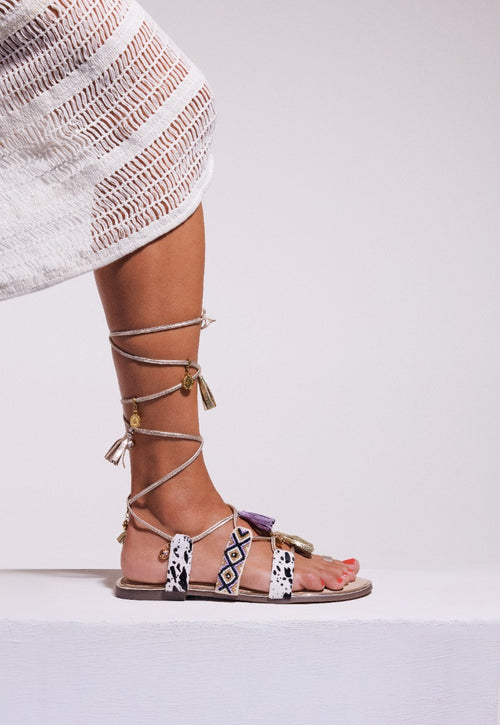 LEATHER SANDALS WITH BEADS AND FRINGES MONTELLO