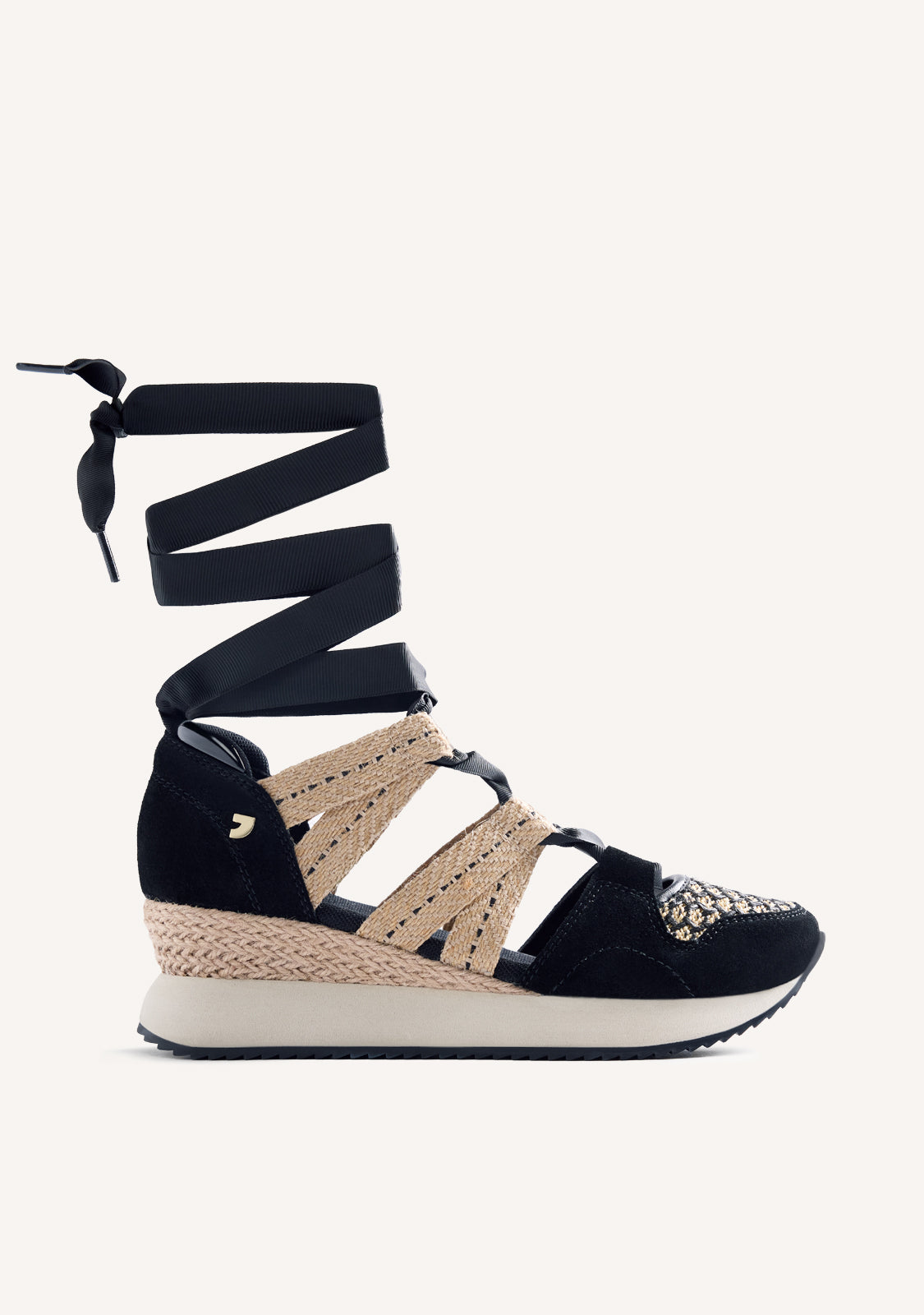 LEATHER AND RAFFIA OPEN WEDGE SNEAKERS KIDIKA