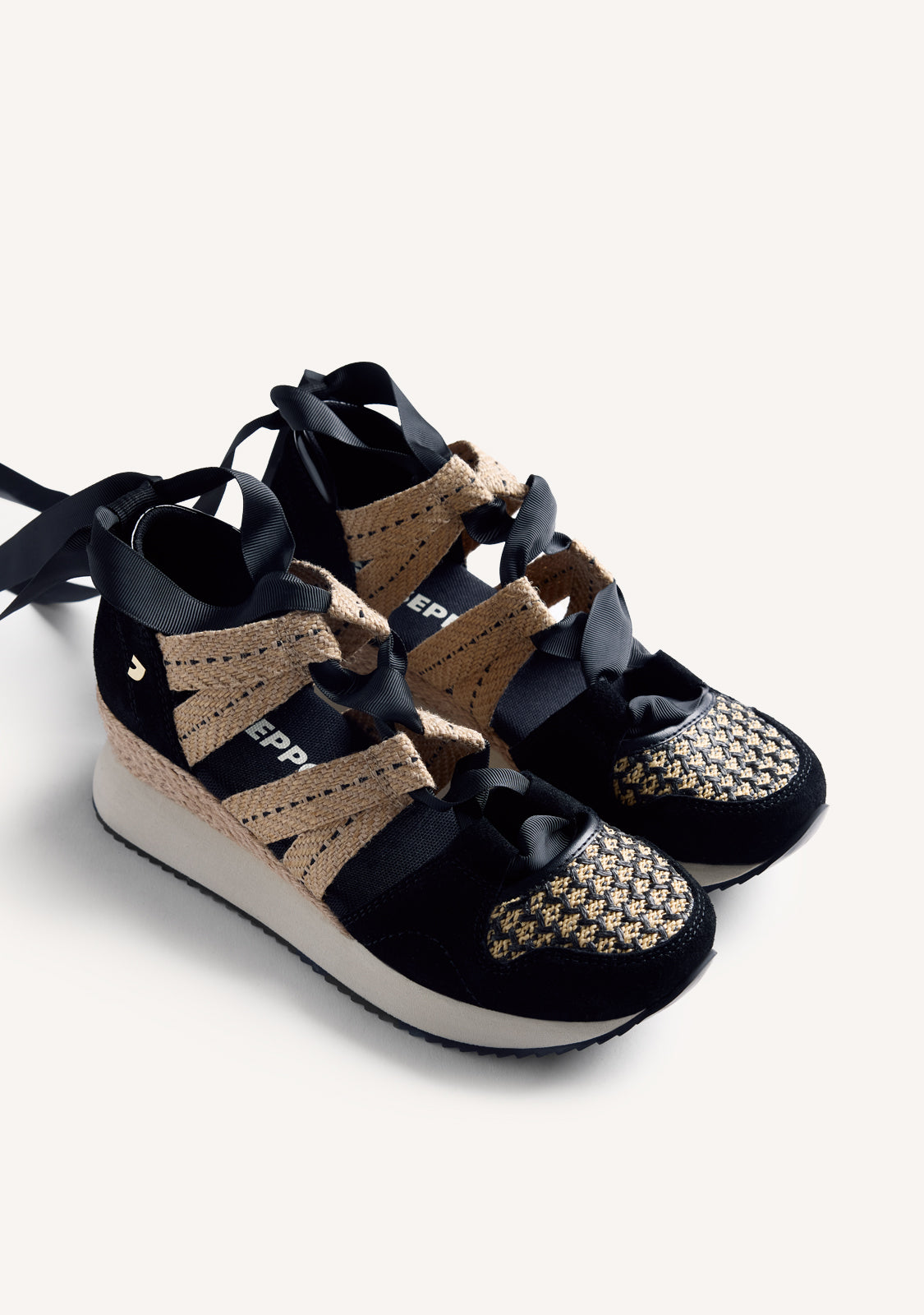 LEATHER AND RAFFIA OPEN WEDGE SNEAKERS KIDIKA