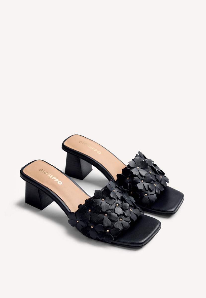 FLOWER LEATHER HEELED MULE SANDALS TANGUB