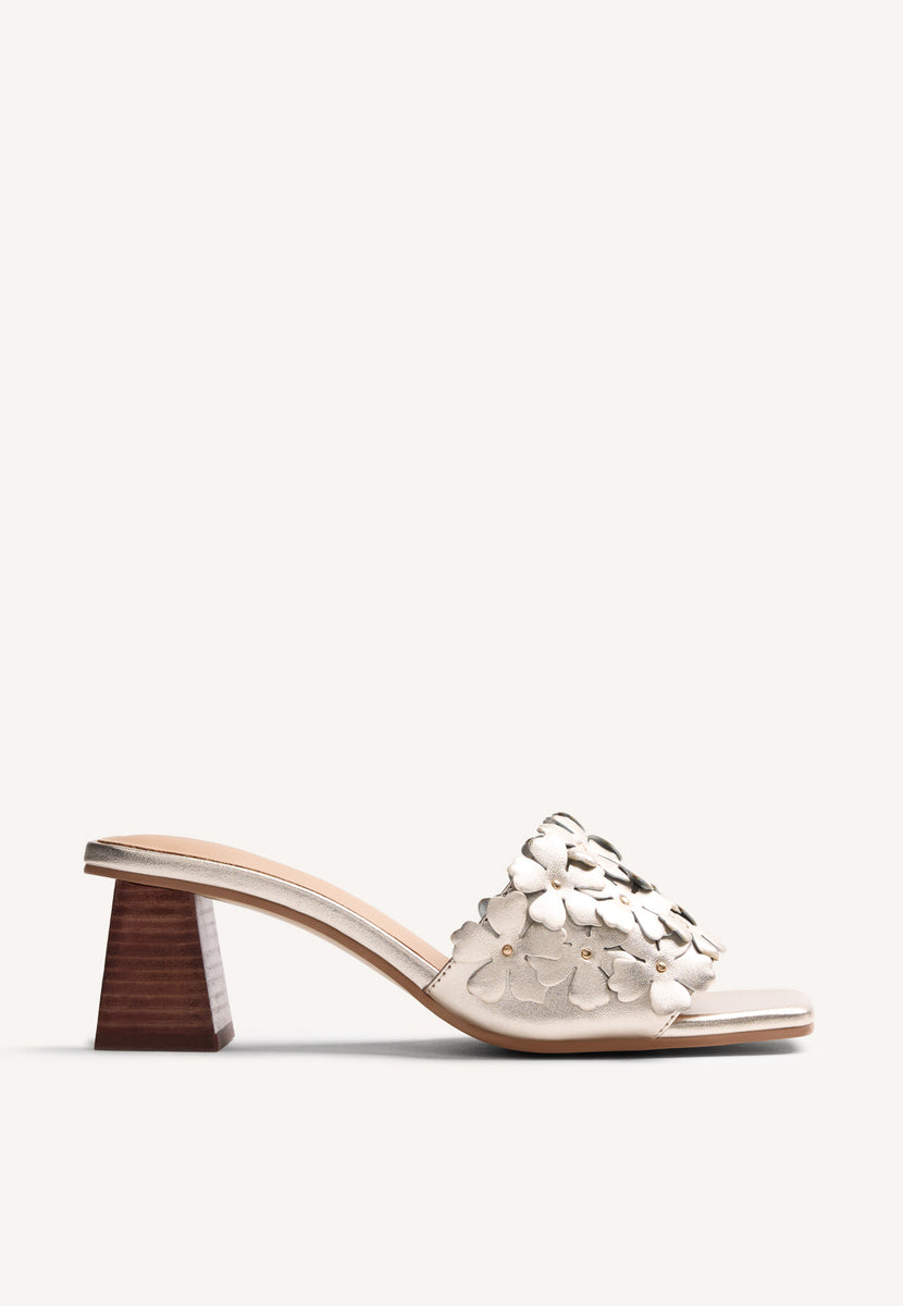 FLOWER LEATHER HEELED MULE SANDALS TANGUB