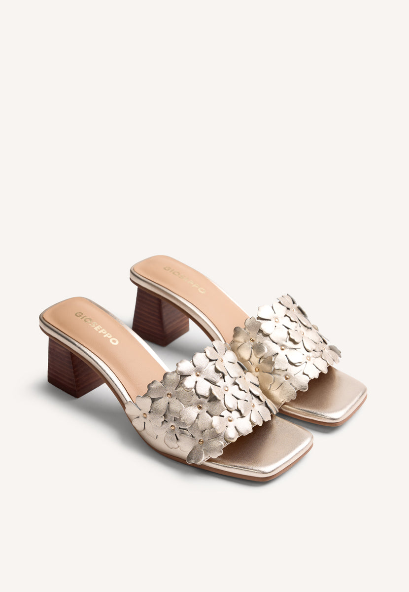 FLOWER LEATHER HEELED MULE SANDALS TANGUB