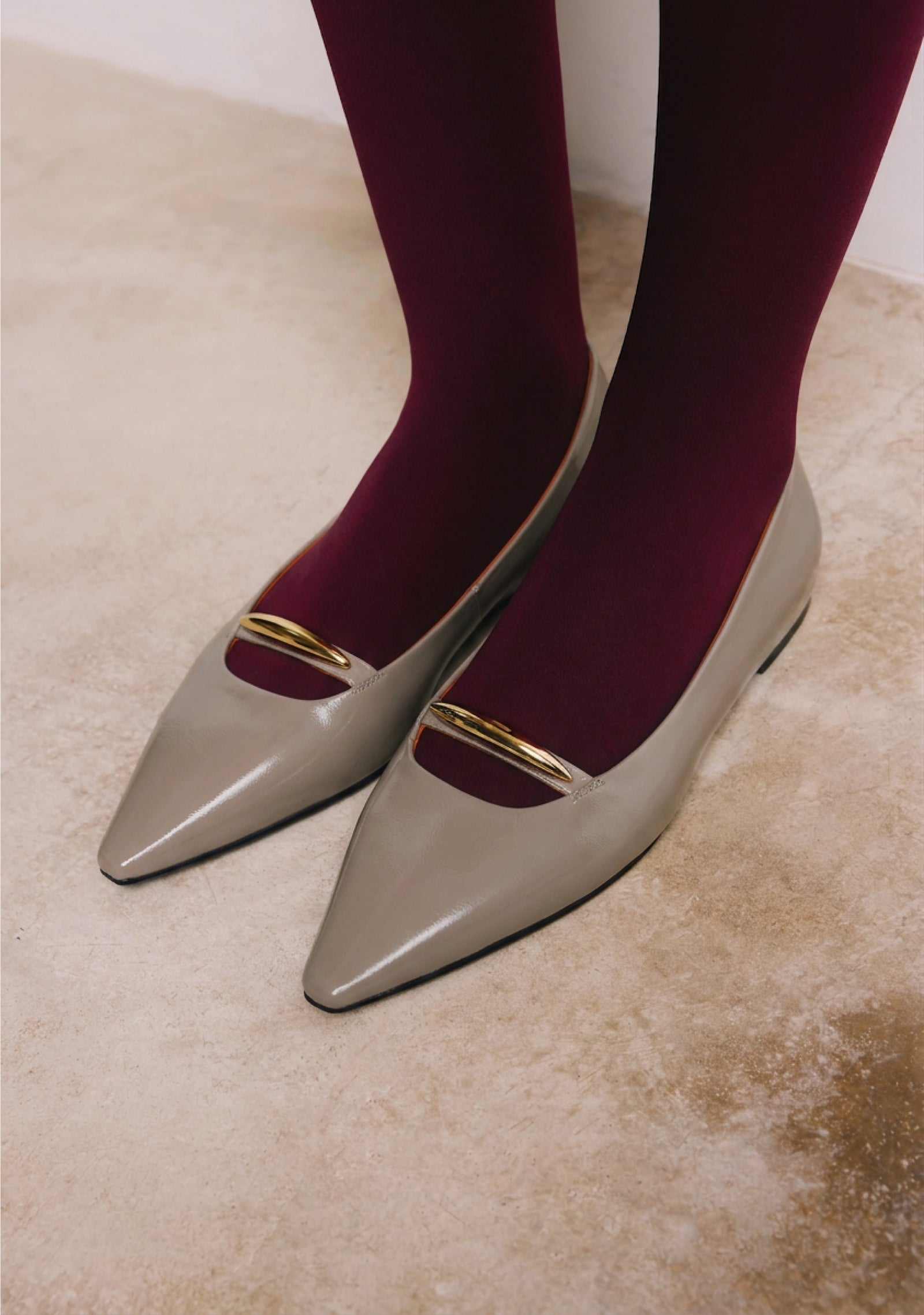 TAUPE PATENT LEATHER WEDGE BALLET FLATS