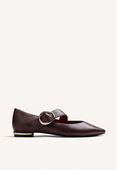 BROWN LEATHER BALLET FLATS WITH BUCKLE