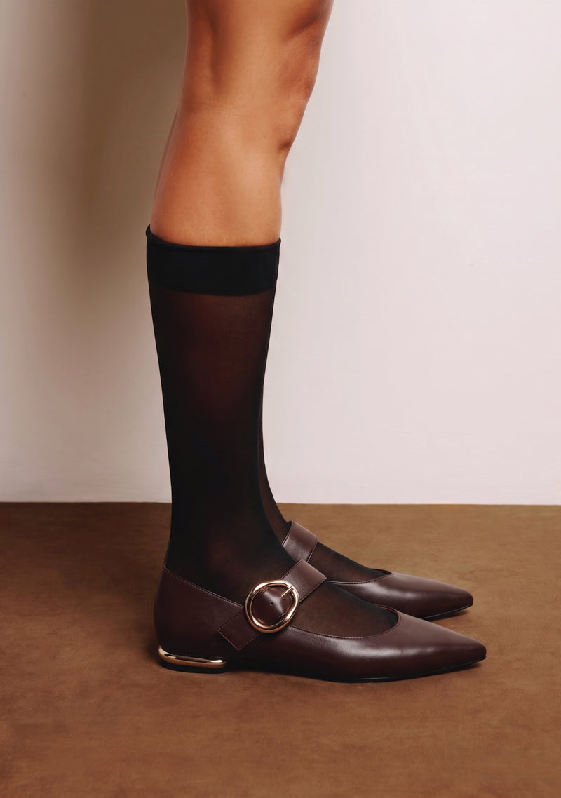 BROWN LEATHER BALLET FLATS WITH BUCKLE