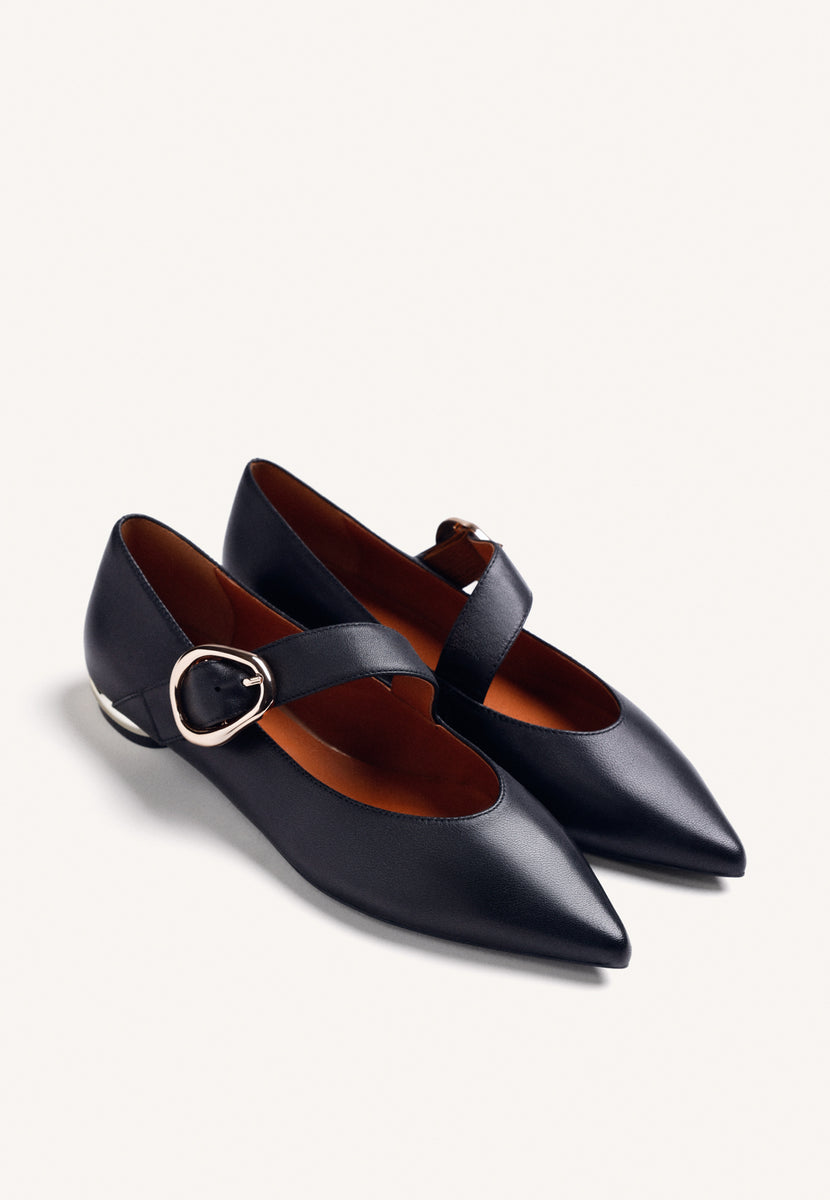 BLACK LEATHER BALLET FLATS WITH BUCKLE