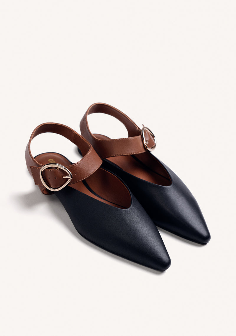 BLACK LEATHER BACKLESS BALLET FLATS