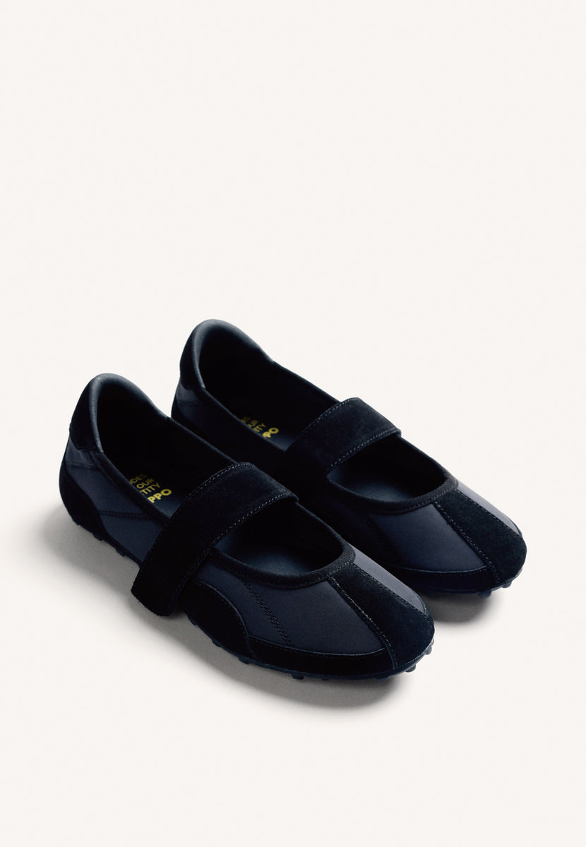 BLACK SPORT BALLET FLATS IN LEATHER AND NYLON