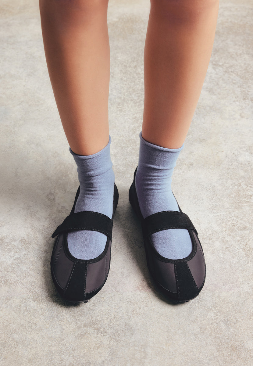 BLACK SPORT BALLET FLATS IN LEATHER AND NYLON
