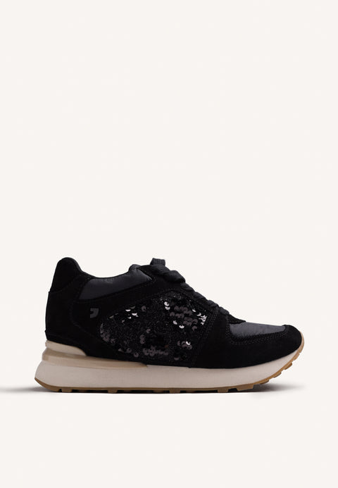 BLACK LEATHER WEDGE SNEAKERS