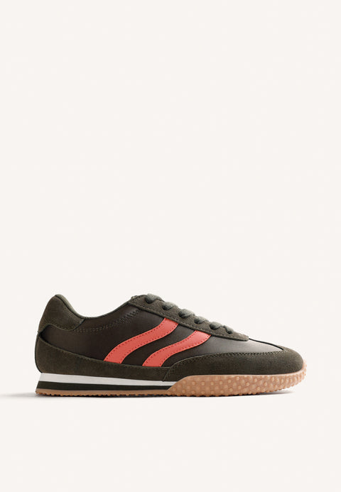KHAKI LEATHER AND SATIN SNEAKERS