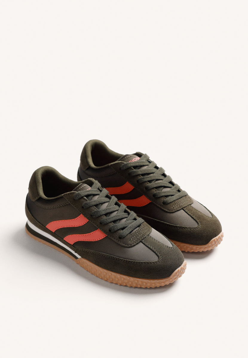 KHAKI LEATHER AND SATIN SNEAKERS