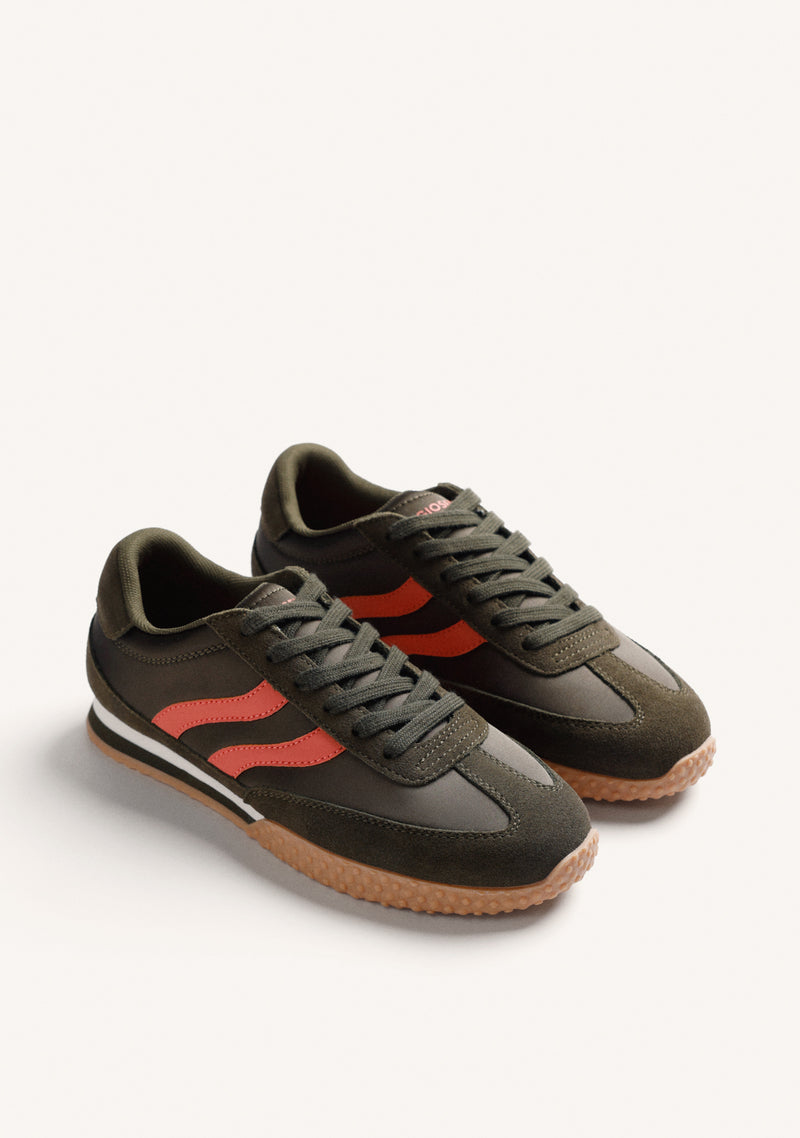 KHAKI LEATHER AND SATIN SNEAKERS