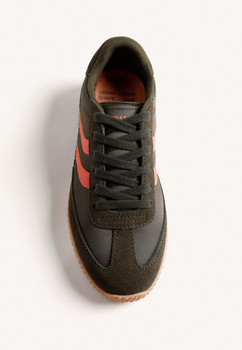 KHAKI LEATHER AND SATIN SNEAKERS