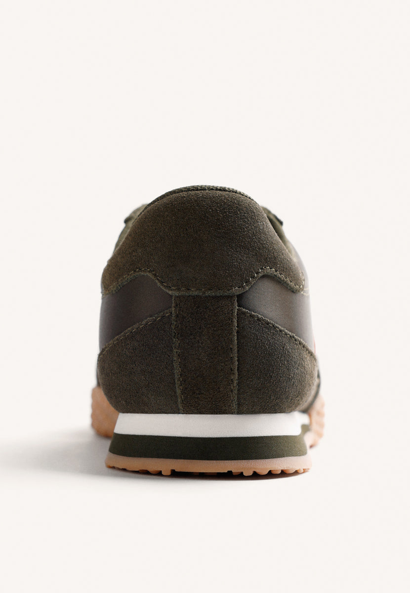 KHAKI LEATHER AND SATIN SNEAKERS