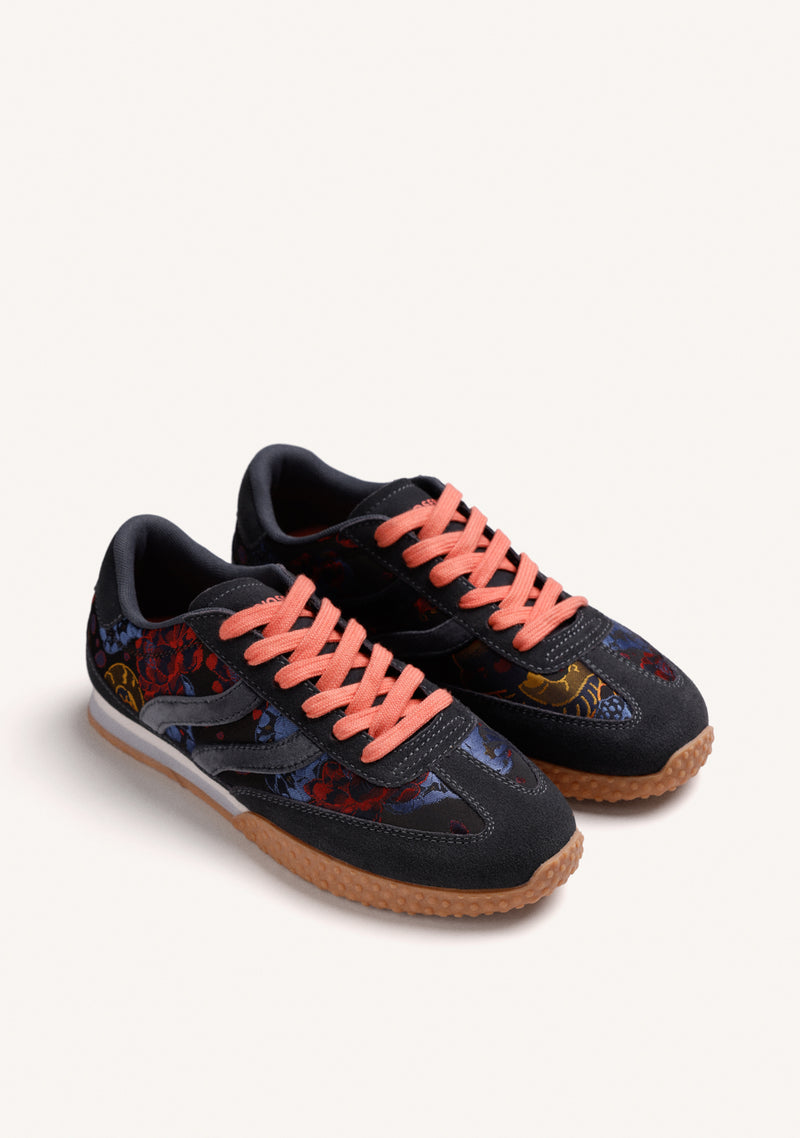 BLUE LEATHER AND SATIN FLORAL SNEAKERS