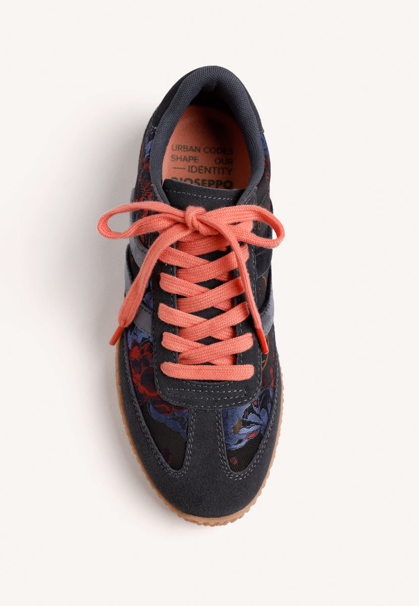 BLUE LEATHER AND SATIN FLORAL SNEAKERS