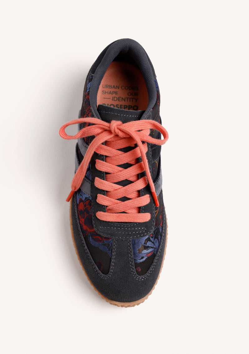 BLUE LEATHER AND SATIN FLORAL SNEAKERS