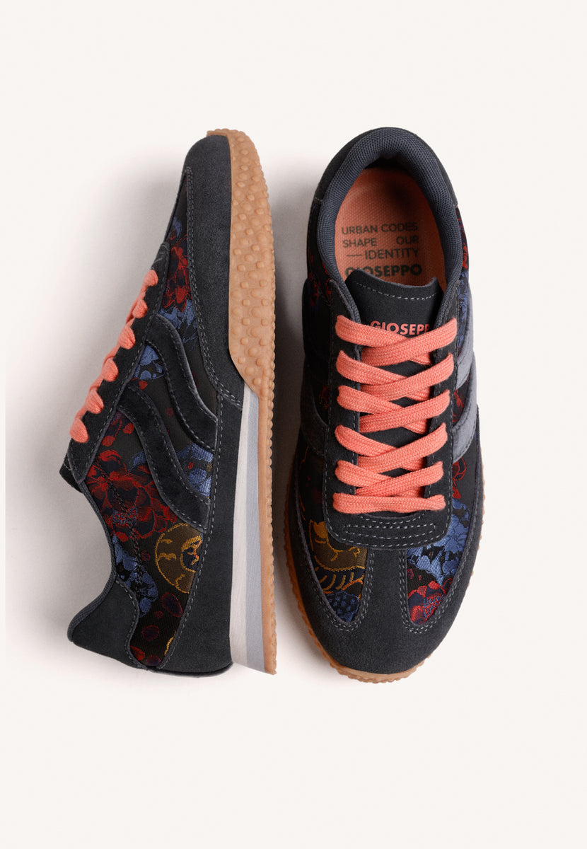 BLUE LEATHER AND SATIN FLORAL SNEAKERS