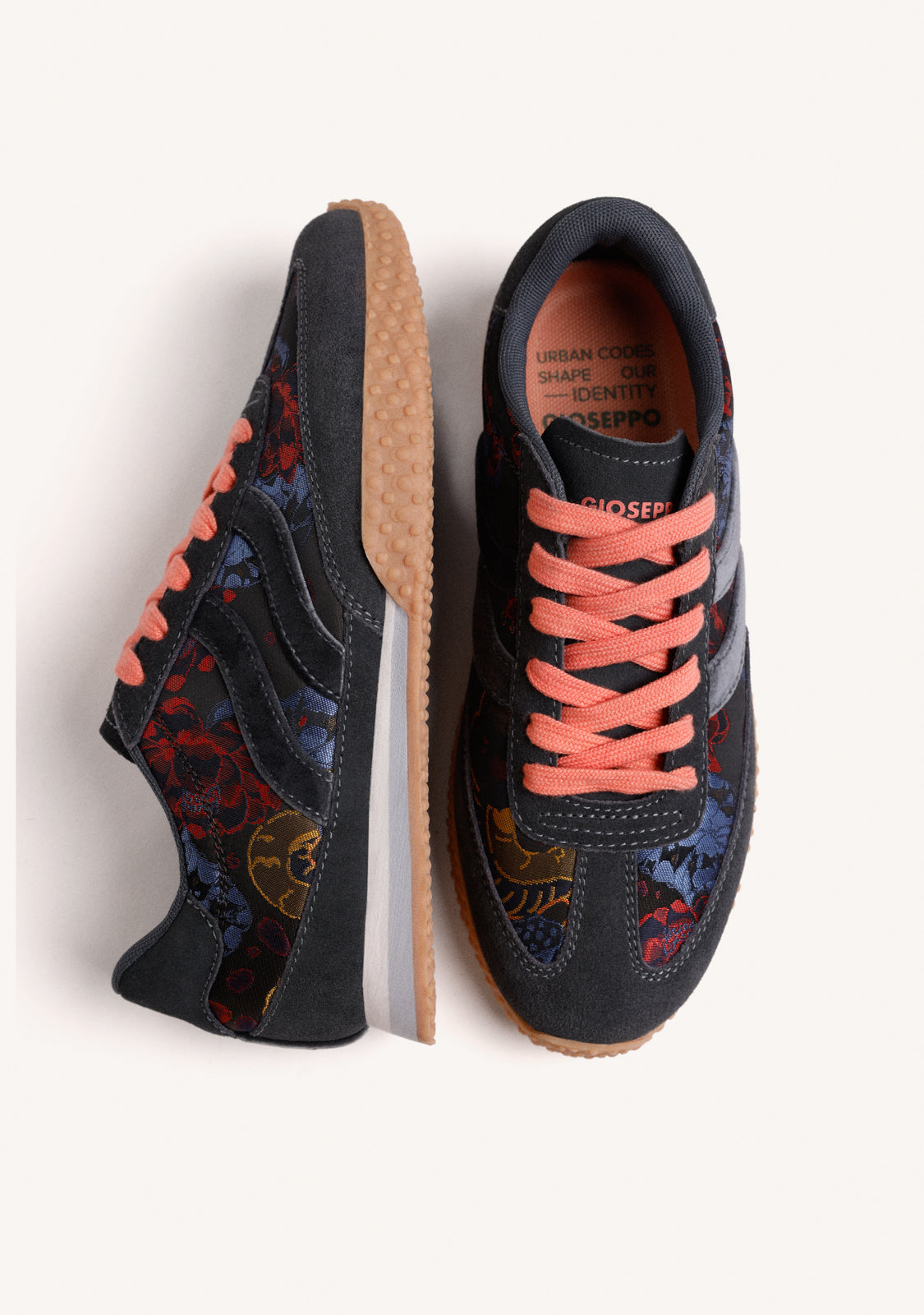 BLUE LEATHER AND SATIN FLORAL SNEAKERS