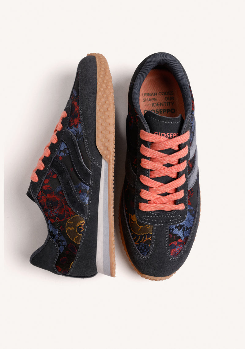 BLUE LEATHER AND SATIN FLORAL SNEAKERS