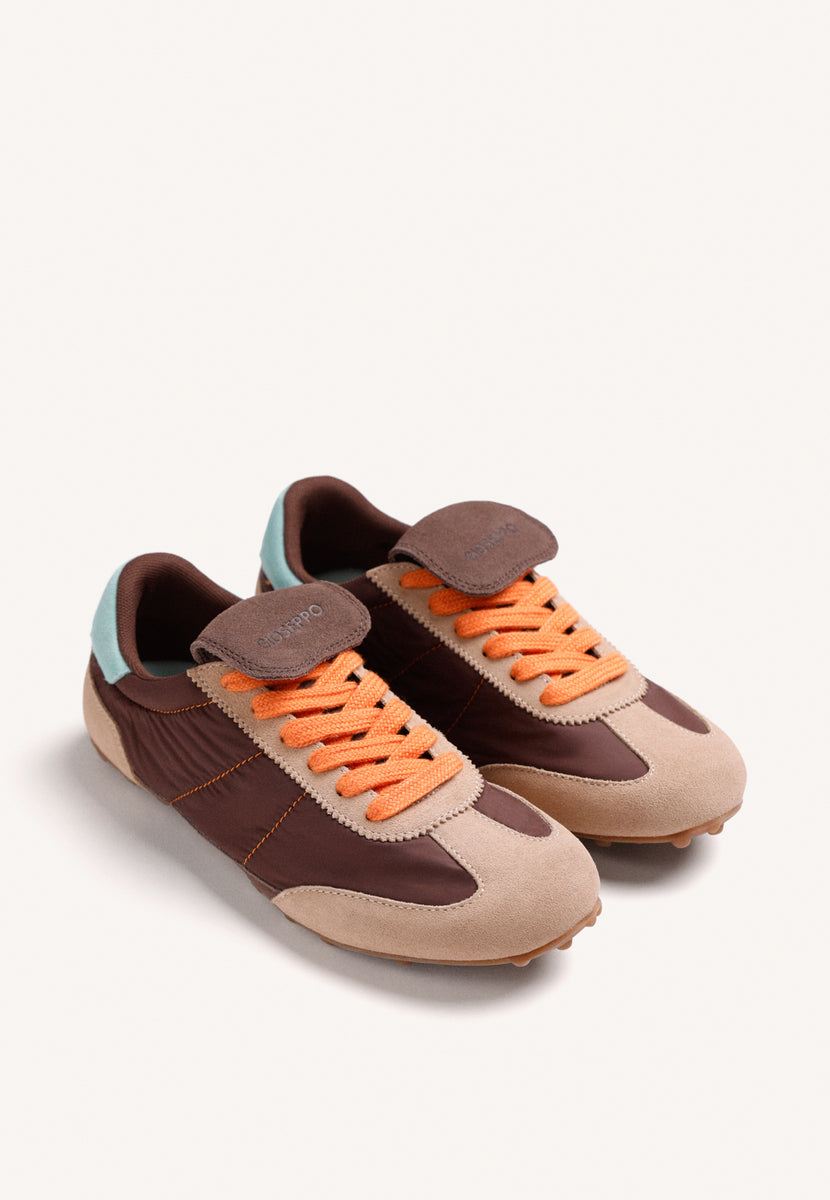 BROWN LEATHER AND NYLON SNEAKERS