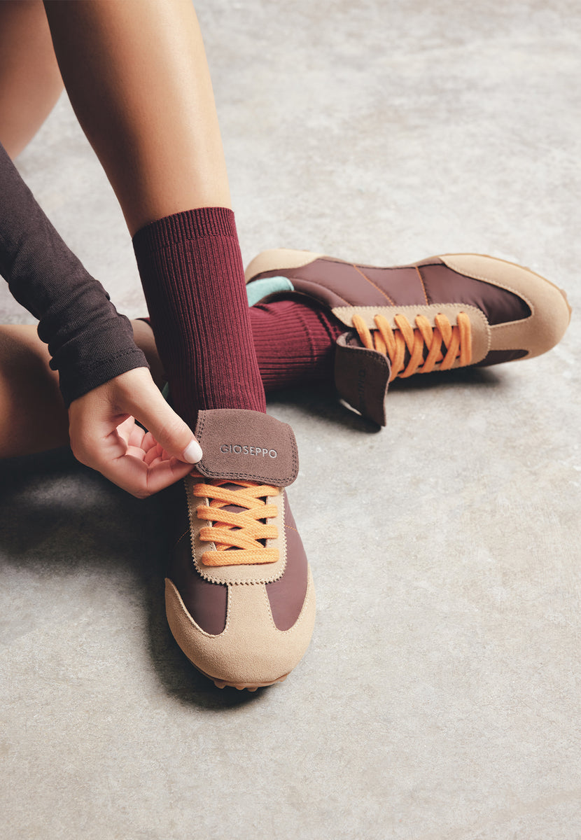 BROWN LEATHER AND NYLON SNEAKERS