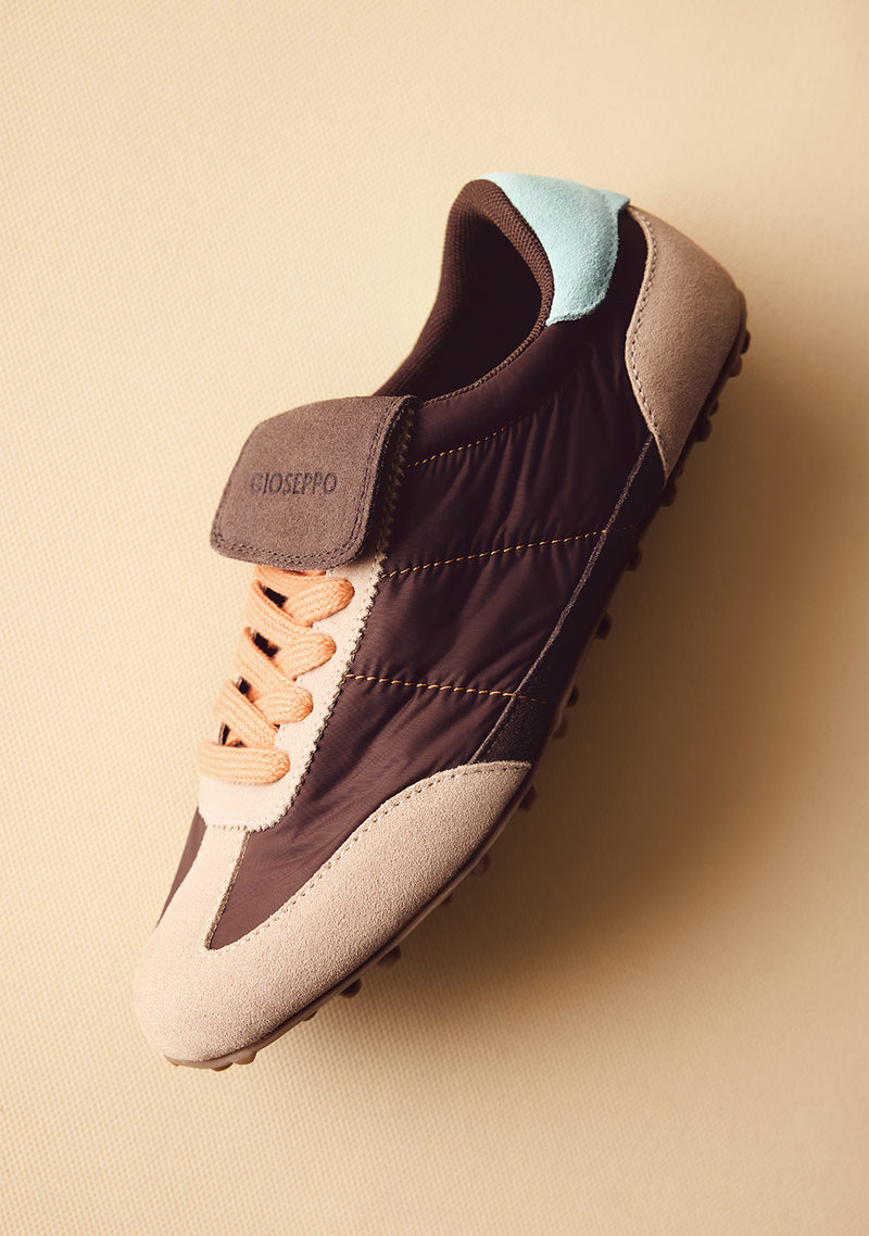 BROWN LEATHER AND NYLON SNEAKERS