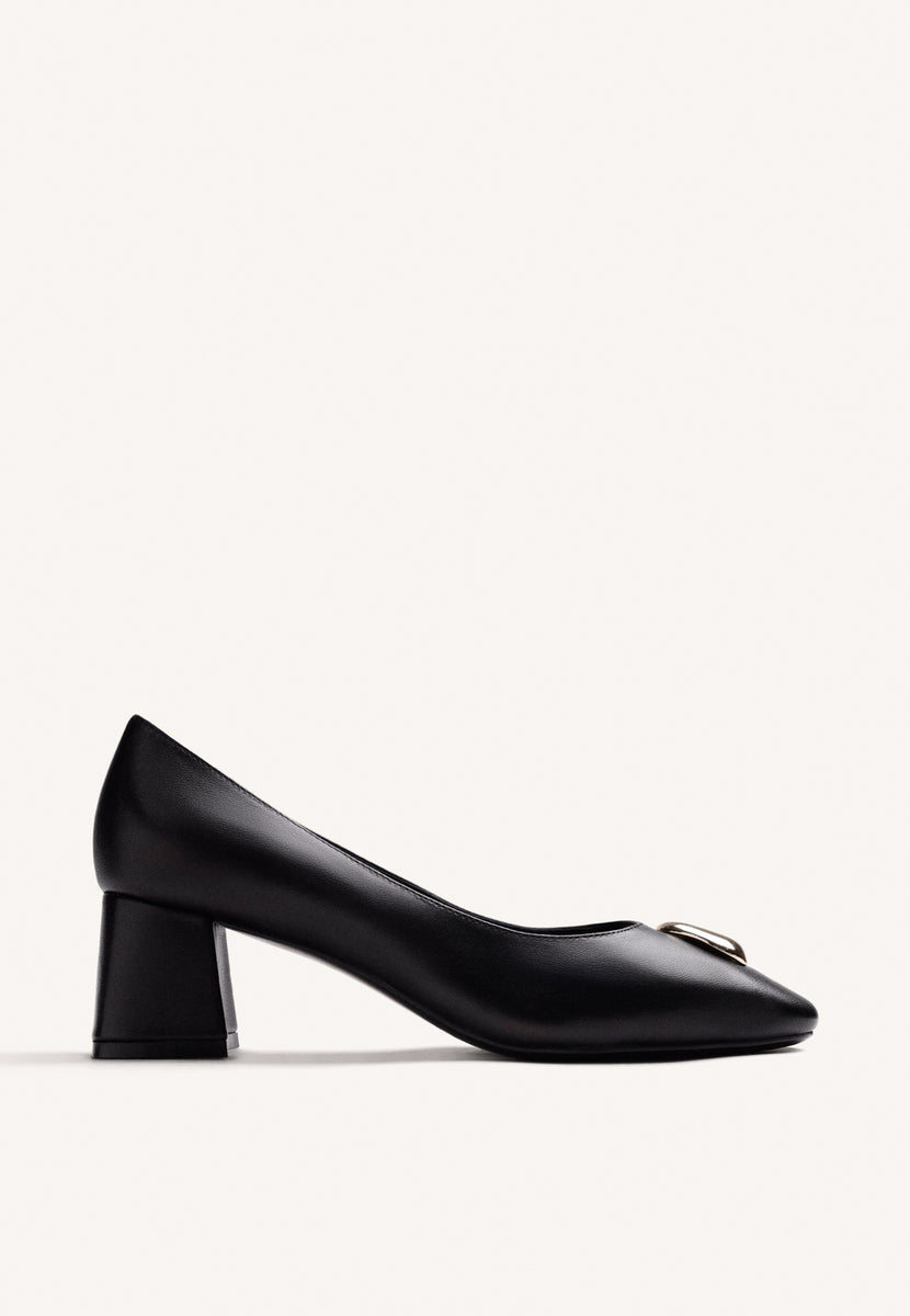 BLACK LEATHER HEEL SHOES WITH JEWEL