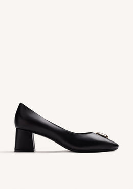 BLACK LEATHER HEEL SHOES WITH JEWEL