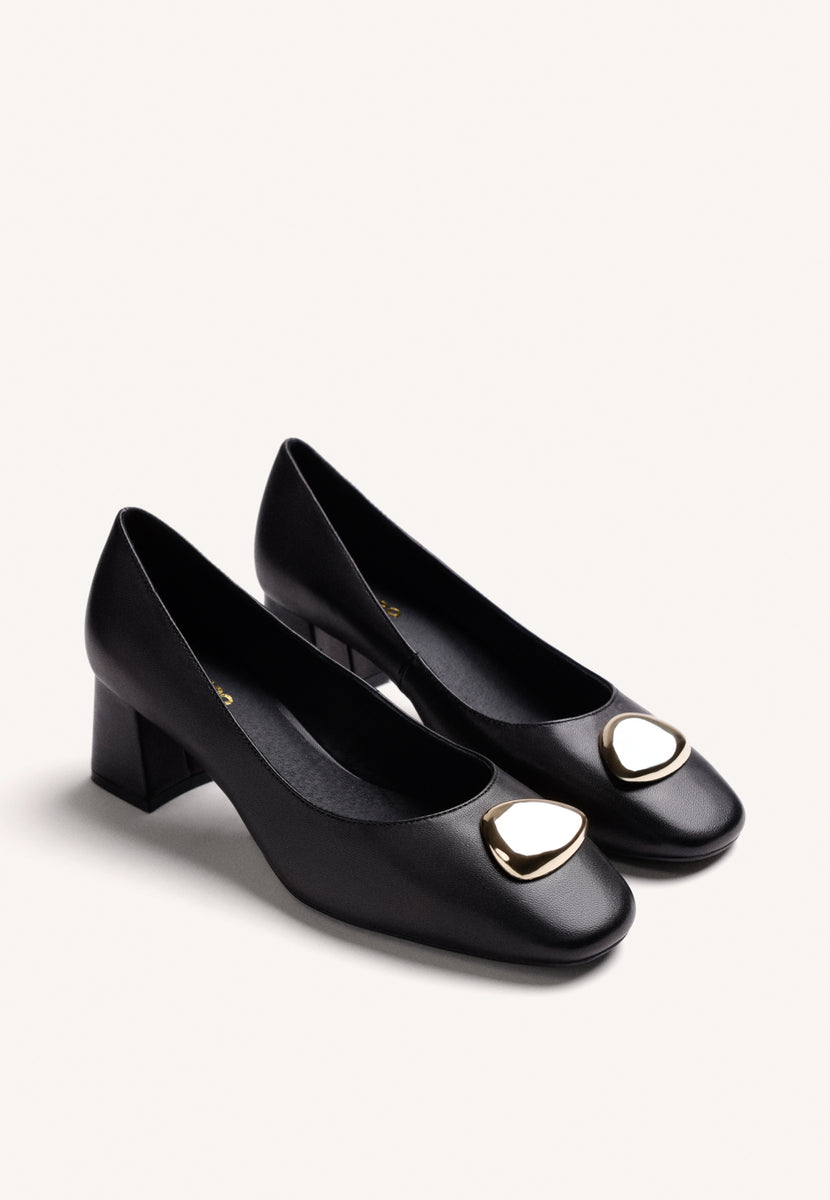 BLACK LEATHER HEEL SHOES WITH JEWEL