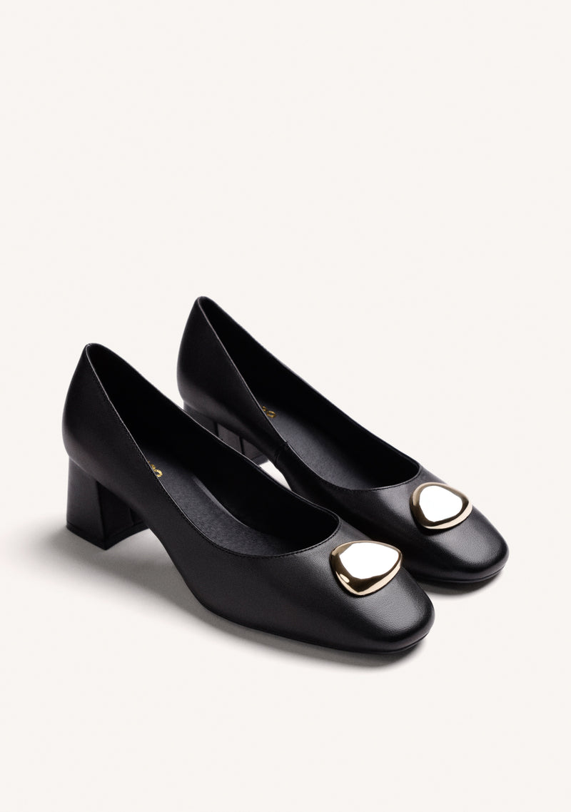 BLACK LEATHER HEEL SHOES WITH JEWEL