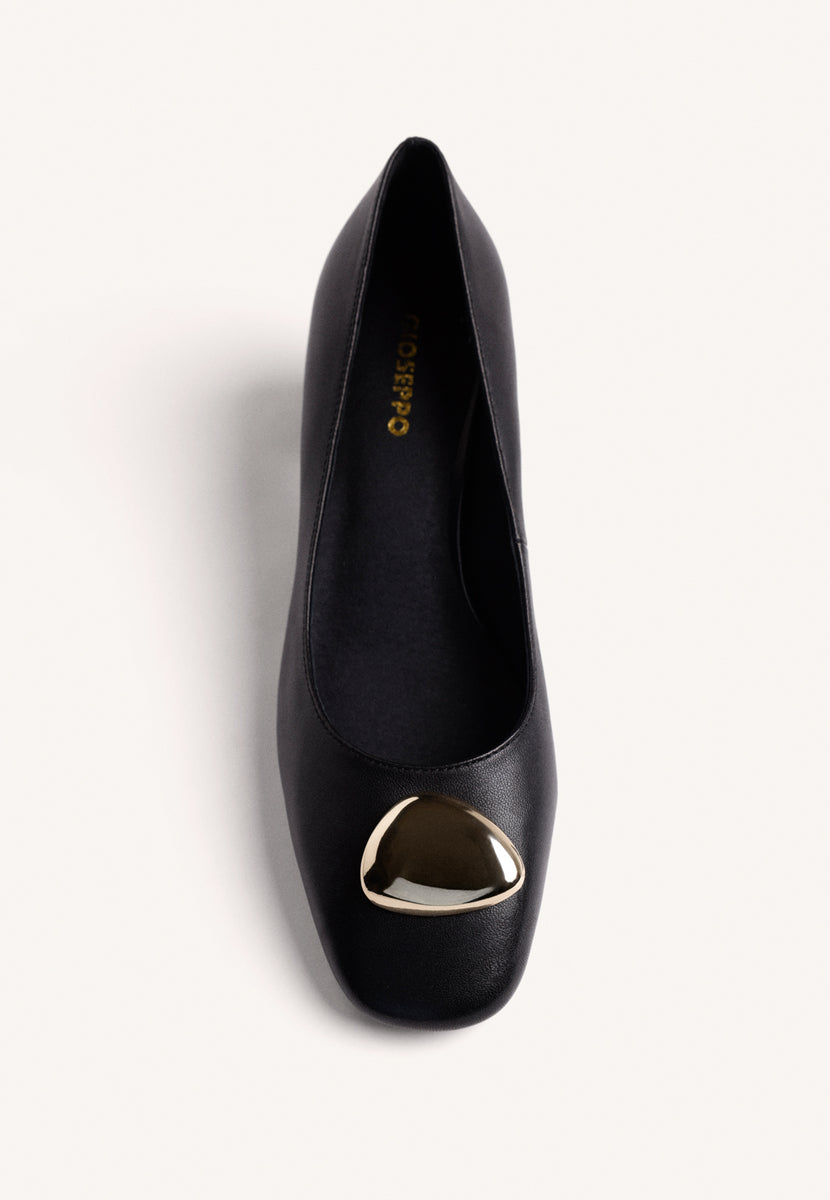 BLACK LEATHER HEEL SHOES WITH JEWEL