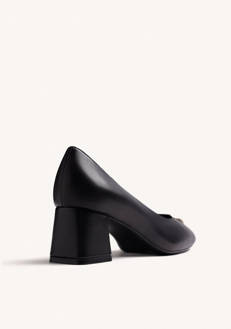 BLACK LEATHER HEEL SHOES WITH JEWEL