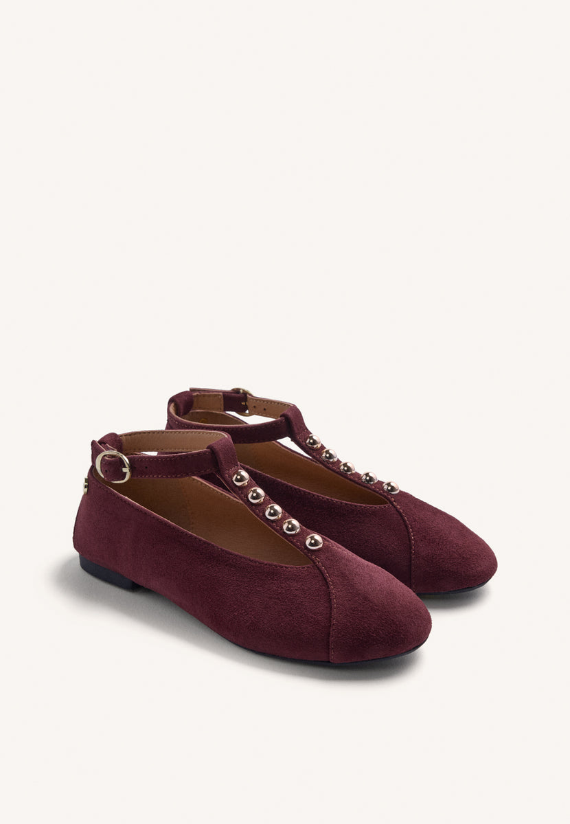 BURGUNDY LEATHER BALLET FLATS WITH STUDS