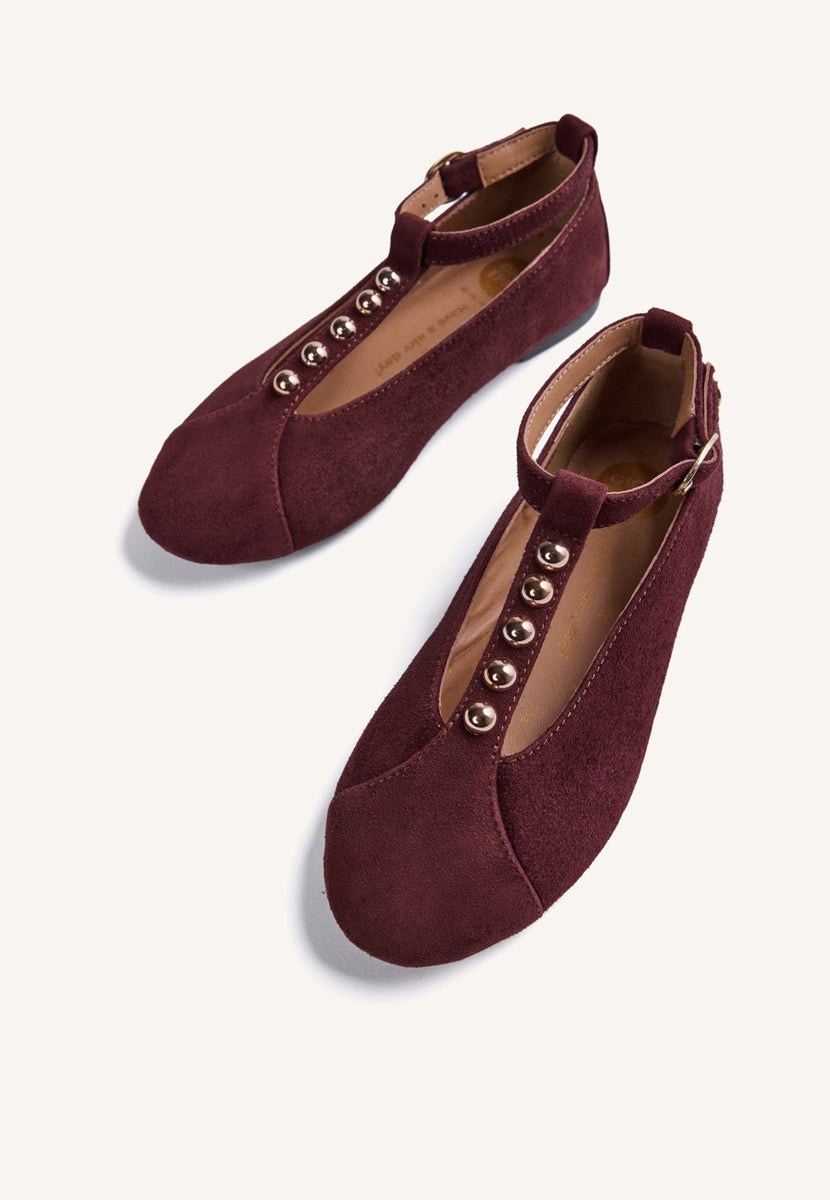 BURGUNDY LEATHER BALLET FLATS WITH STUDS