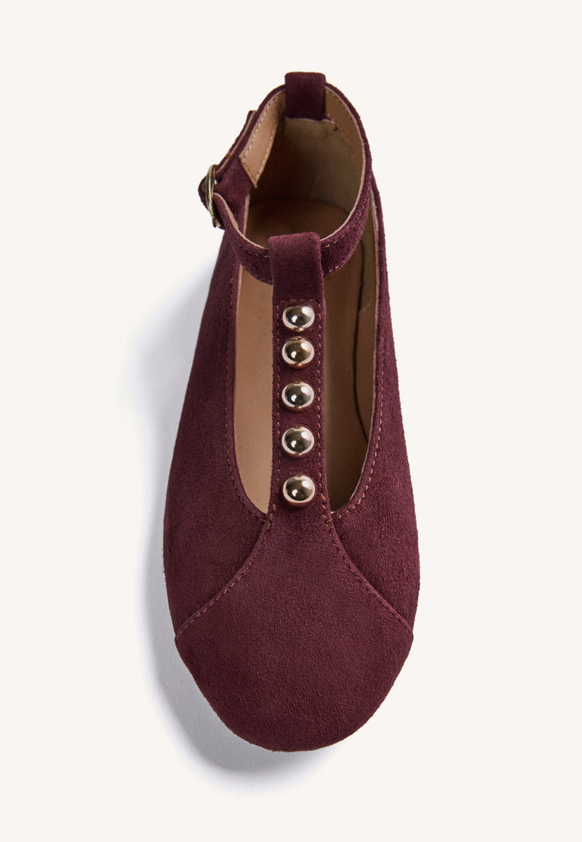 BURGUNDY LEATHER BALLET FLATS WITH STUDS