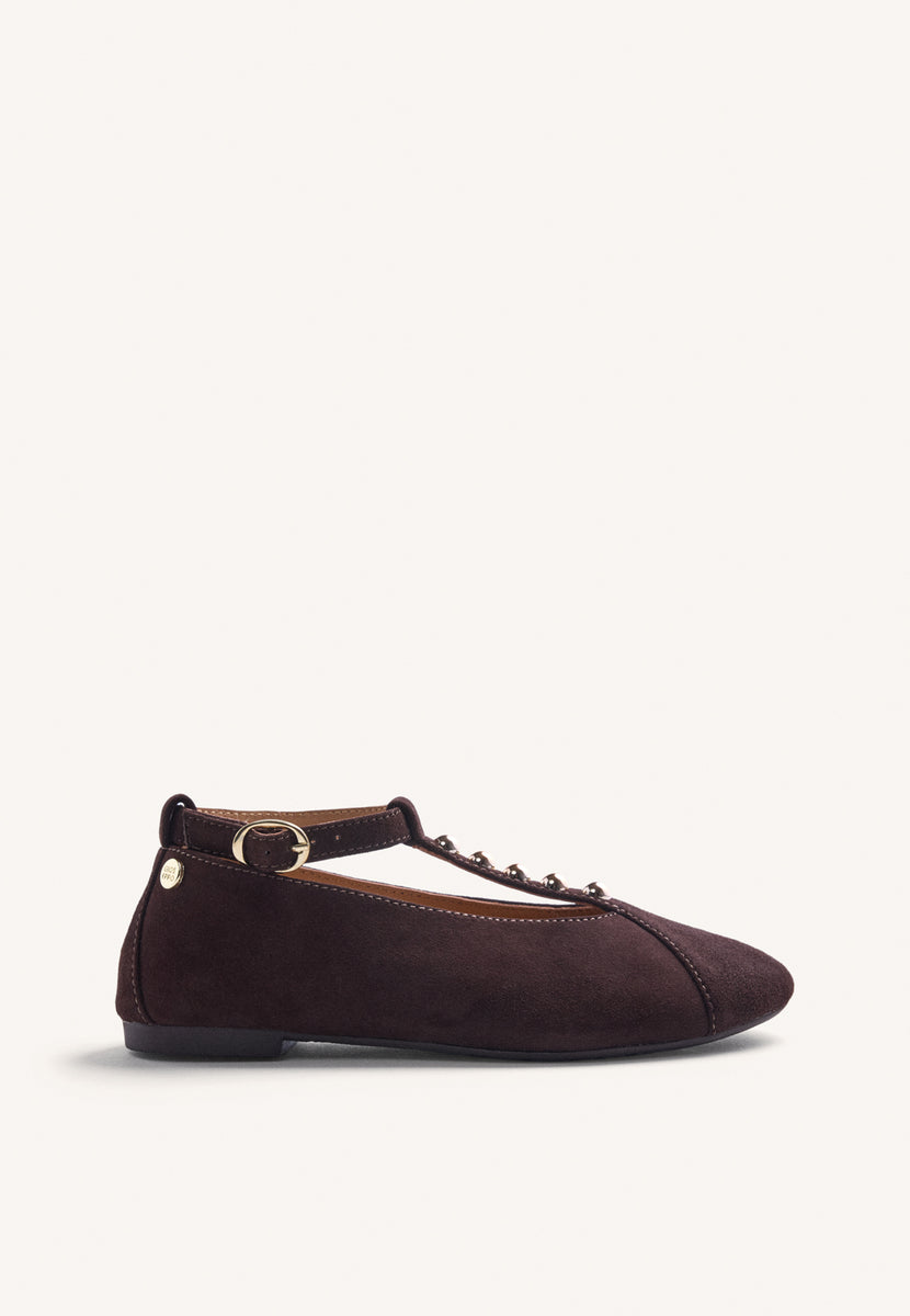 BROWN LEATHER BALLET FLATS WITH STUDS