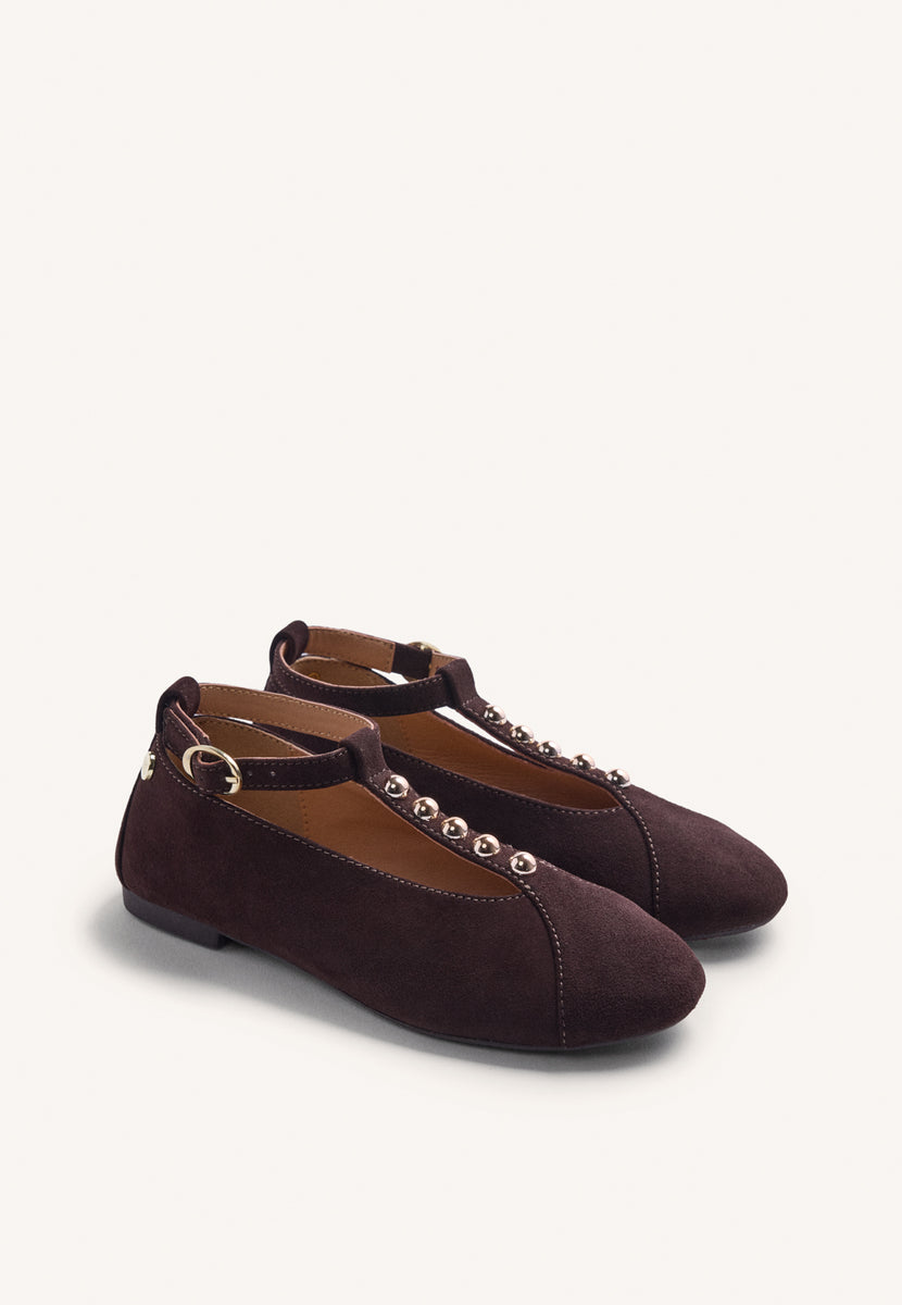 BROWN LEATHER BALLET FLATS WITH STUDS