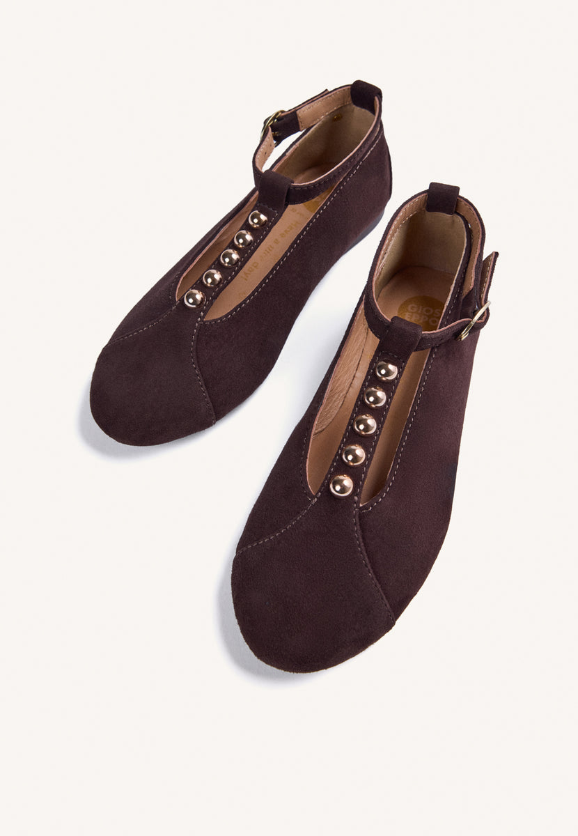 BROWN LEATHER BALLET FLATS WITH STUDS