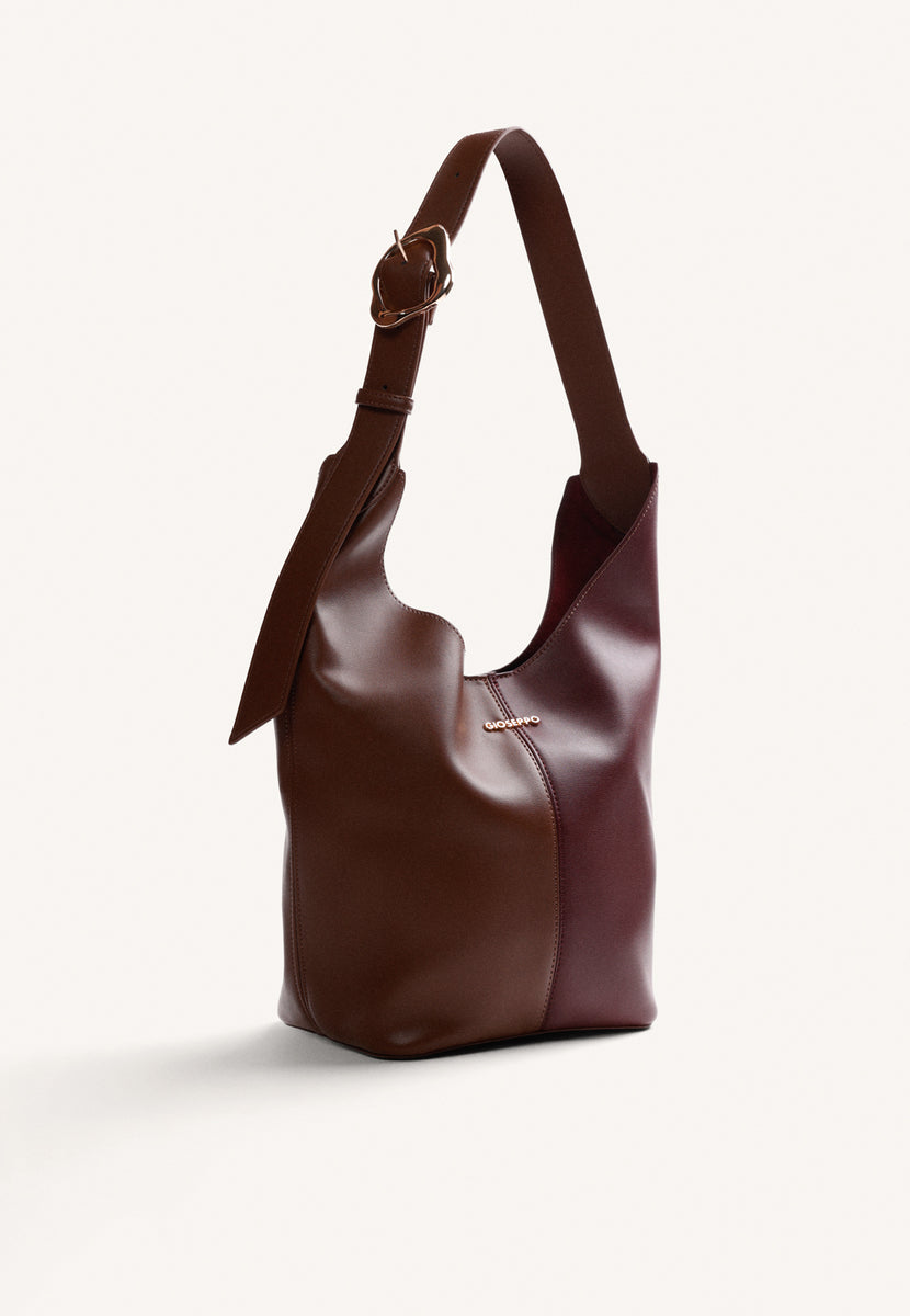 BOLSO MAXI BUCKET MARRÓN Y MORADO
