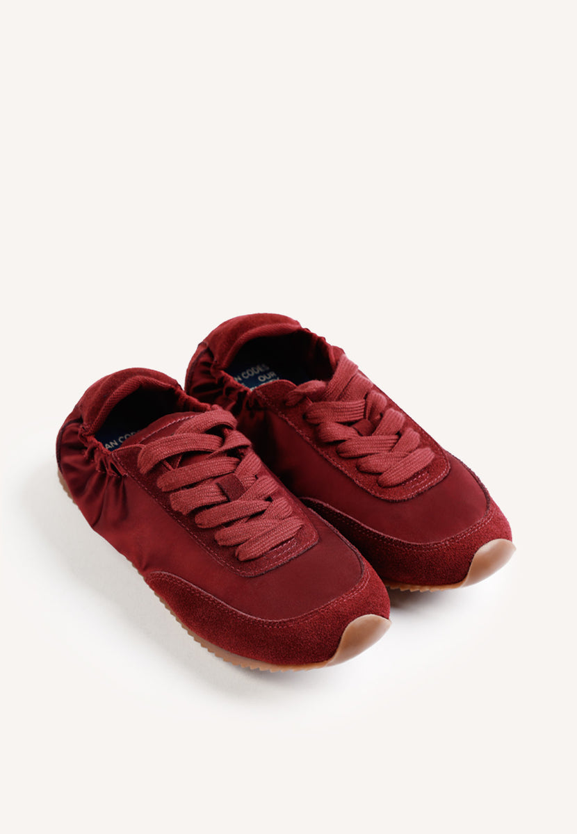 BURGUNDY LEATHER AND SATIN SNEAKERS