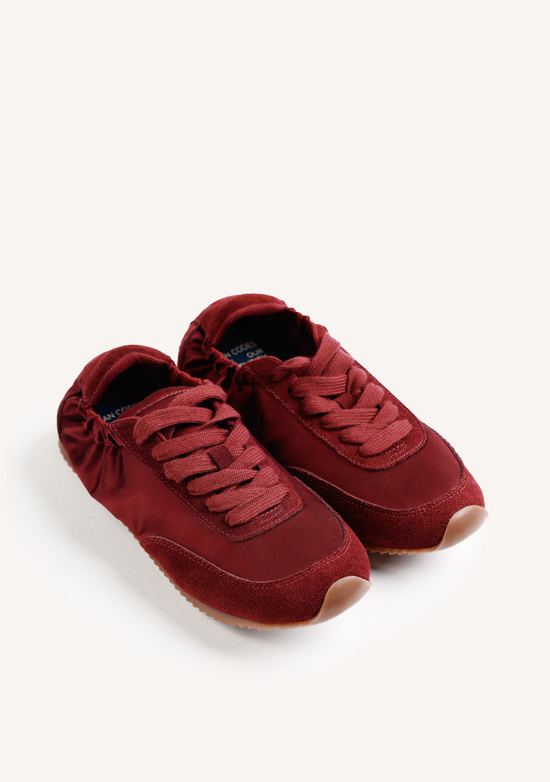 BURGUNDY LEATHER AND SATIN SNEAKERS