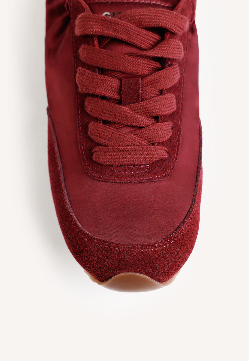BURGUNDY LEATHER AND SATIN SNEAKERS